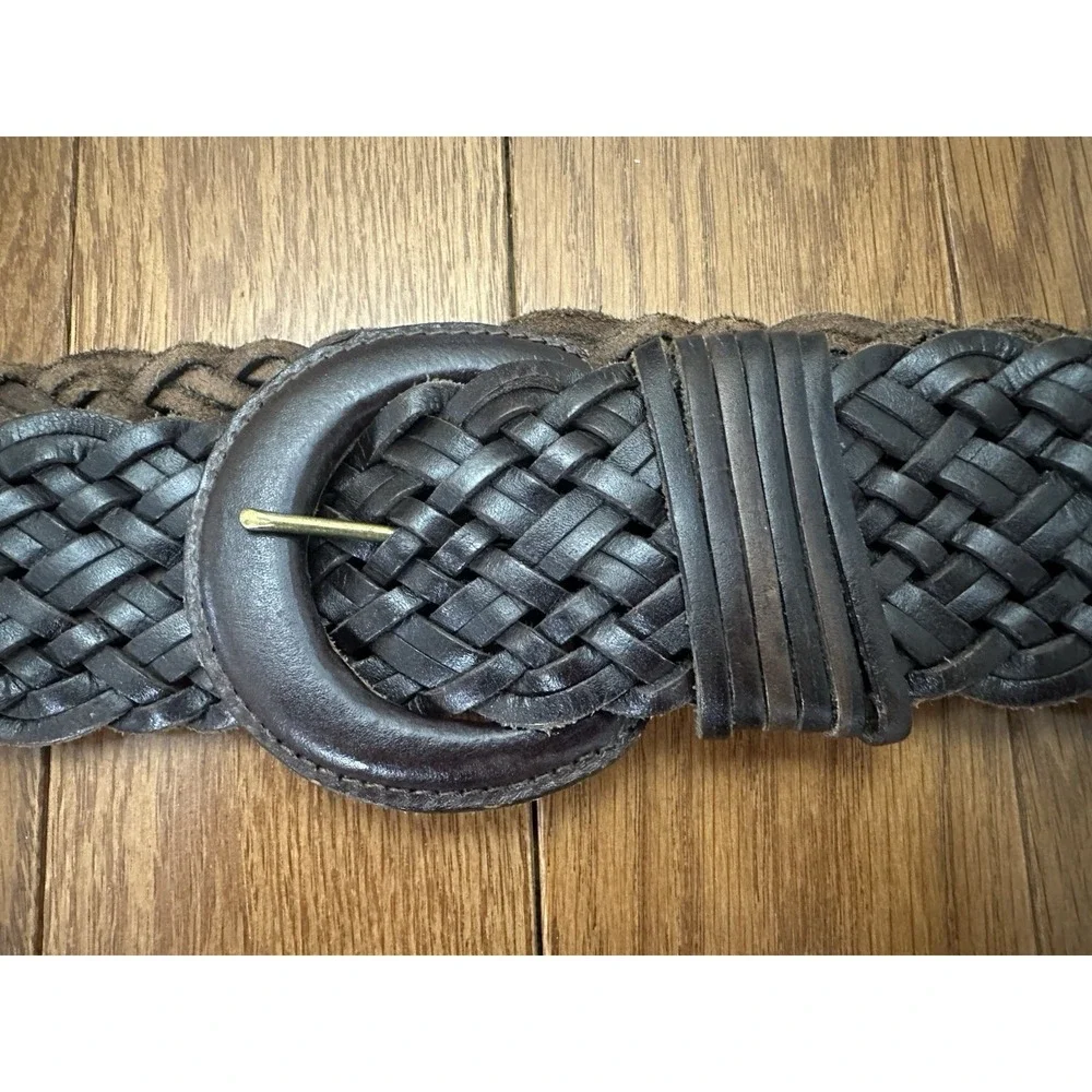 Vintage Genuine‎ Leather Braided Woven Belt Brown Wide Buckle Y2K Boho M/L